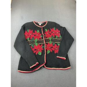WORK IN PROGRESS CLASSICS Cardigan Womens M Black Embroidered Beaded Poinsettia